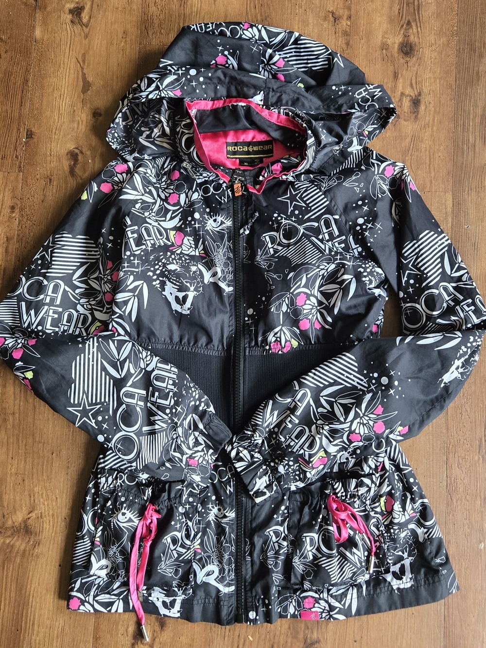 Rocawear Black Rain Jacket with Pink Accents and White Graphic Print